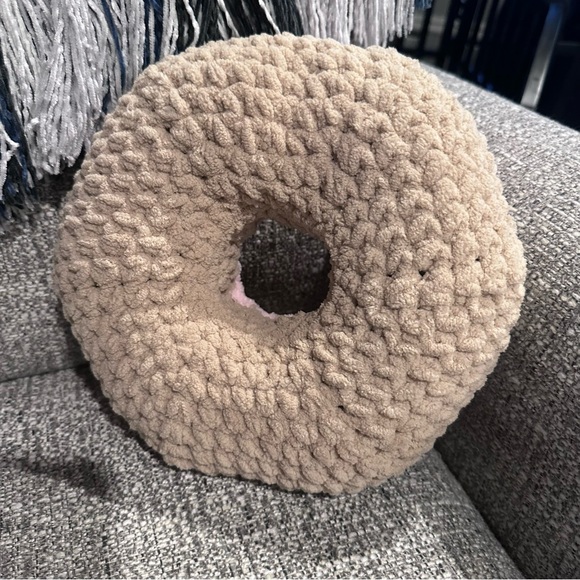 Strawberry glaze hand, knit, doughnut, pillow is soft and plush. Fat free! - Picture 4 of 6